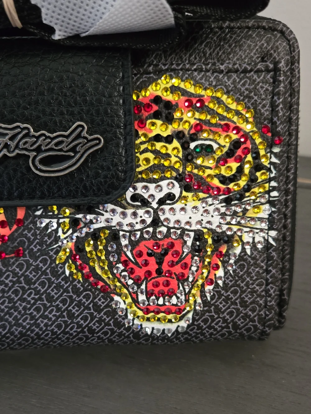 Ed Hardy Black Crossbody Wallet with Yellow & Red Tiger Graphic
